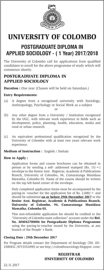 Postgraduate Diploma in Applied Sociology (2017/2018) - University of Colombo